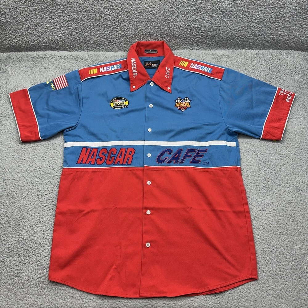 NASCAR Cafe Mens Large Vintage Button Nextel Cup Garage Pit Crew Y2K Style Shirt